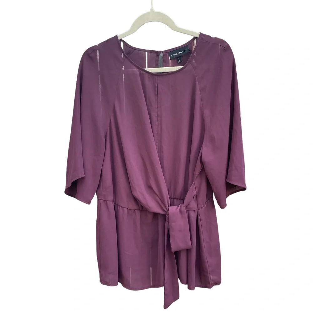 LANE BRYANT PURPLE SHEER FLOWY WAIST TIE BLOUSE